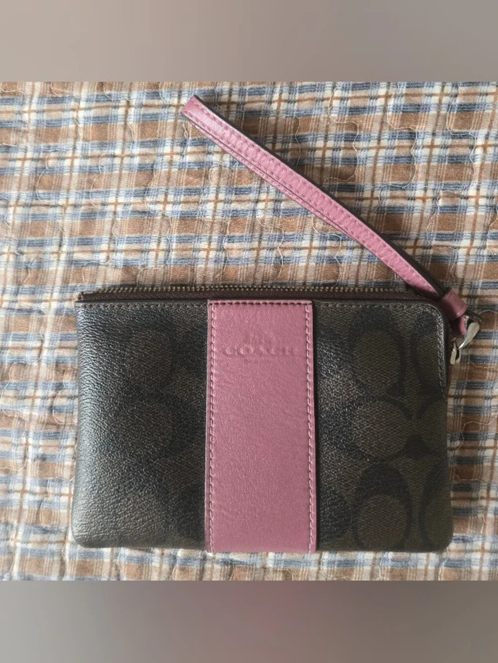Coach Brown Signature Canvas Wristlet with Pink Leather Center Stripe